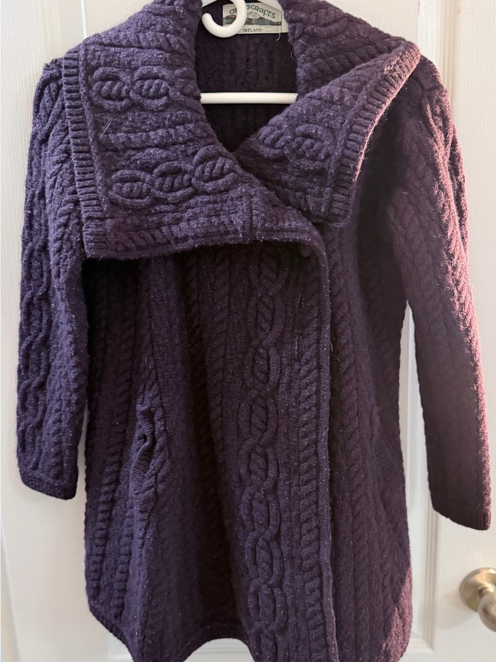 Aran Crafts Deep Purple Cable Shawl Collar Cardigan